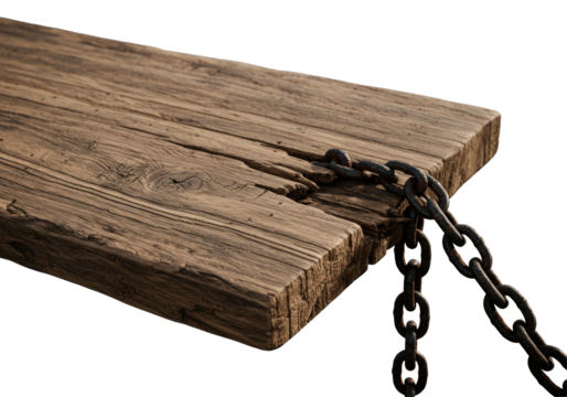 Extreme macro of a deeply textured rustic wooden plank with fractured edge, ornate dark frame, and taut corroded metal chain on a transparent background, cinematic studio lighting, concept of decay