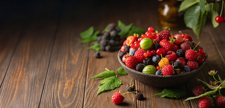 Various fresh berries in a bowl. Mix of different fresh berries on wooden background. Strawberries, raspberries, gooseberries and cherries are presented. - Powered by Adobe