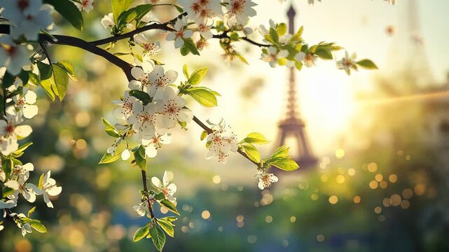 Eiffel Tower against the background of blooming flowers. Selective focus. Nature.