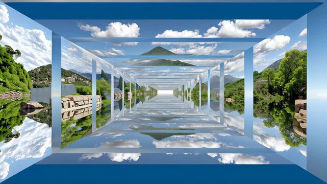 Abstract visual sequence showcasing a mesmerizing tunnel of reflections, featuring vibrant greenery and serene water, creating a captivating illusion of depth and continuity in a tranquil landscape