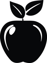 Simple black silhouette of a shiny apple with two green leaves and stem icon food fruit healthy nutrition symbol graphic