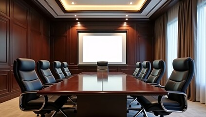 A modern conference room with a long wooden table, leather chairs, and a projection screen.