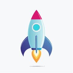 A cartoon illustration of a rocket ship with a blue body, red nose, and flames.