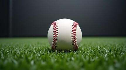 A baseball with red stitching is on green grass.