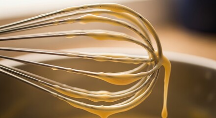 Close-up of Whisk with Dripping Sauce, Culinary Art, Macro Photography.