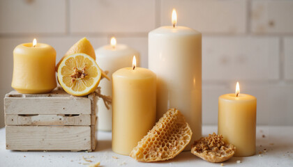 Beeswax candles with honeycomb and lemon on a rustic countertop  