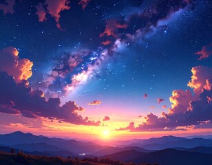 Colorful sunset over mountain peaks with a starry sky