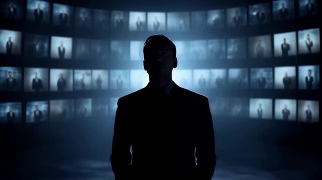 Silhouetted man standing before multiple video screens displaying various professional individuals in business attire. Curved wall of screens creates immersive environment with blue-tinted lighting