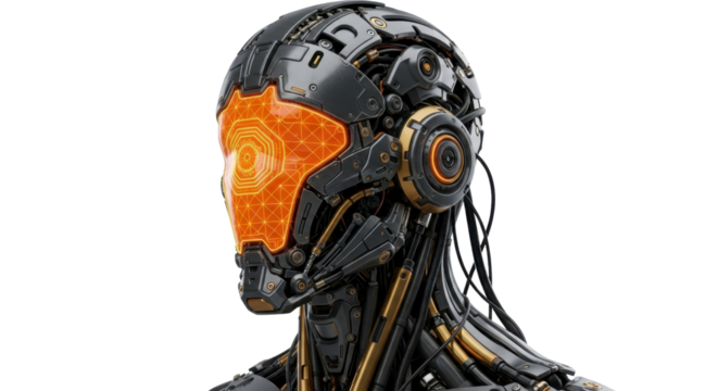 Futuristic robotic head with glowing orange cybernetic eye, advanced AI technology concept, intricate mechanical design, science fiction aesthetic