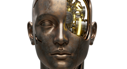 Striking robotic human face revealing intricate mechanical gears, a captivating symbol of artificial intelligence and technological innovation for the future