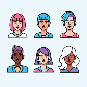 A diverse collection of six modern colorful character avatars with unique hairstyles.