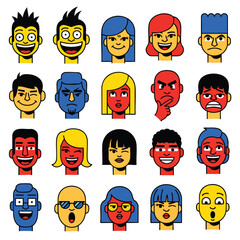 A diverse set of colorful cartoon character faces and avatars showing various emotions and expressions.