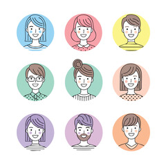 A diverse collection of user profile avatars illustrated in a modern minimalist line art style within colorful pastel circles.
