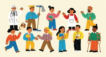 Naklejka premium Diverse group of people in various professions and with disabilities