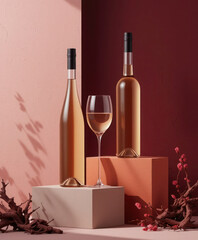 Ultra-realistic cinematic still life featuring golden wine, elegant bottles, minimalist blocks, and avant-garde artistic flourish