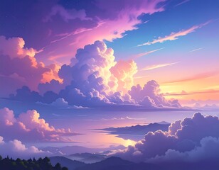 Colorful sunset sky over clouds and hills