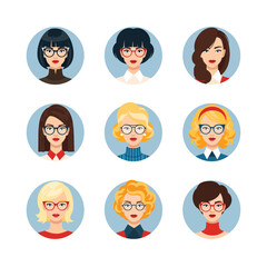 A diverse set of female avatar icons with various hairstyles and stylish eyeglasses.