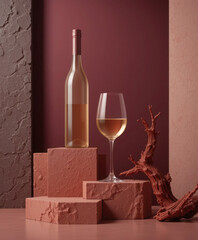 Ultra-realistic cinematic still life featuring golden wine, elegant bottles, minimalist blocks, and avant-garde artistic flourish
