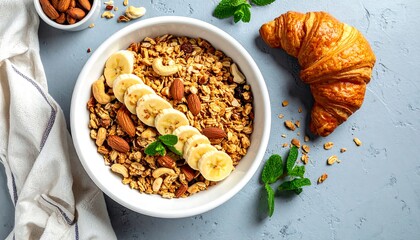 Bowl of granola with banana slices, almonds, and cashews