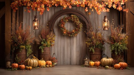A cozy autumn-themed scene featuring a rustic wooden backdrop with vertical planks, adorned with a tall circular wooden arch in the center. 