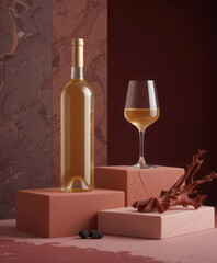 Ultra-realistic cinematic still life featuring golden wine, elegant bottles, minimalist blocks, and avant-garde artistic flourish