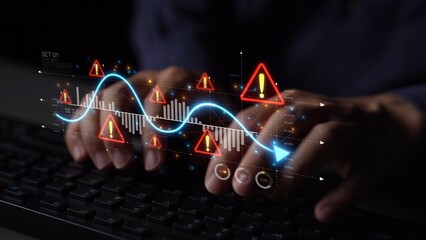 Economic caution visual showing risk alerts and financial volatility. Warning signs highlight economic downturn, market risk, finance crisis, and uncertainty in data-driven analysis. Muxer