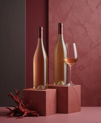 Ultra-realistic cinematic still life featuring golden wine, elegant bottles, minimalist blocks, and avant-garde artistic flourish