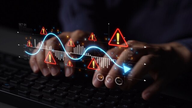 Economic caution visual showing risk alerts and financial volatility. Warning signs highlight economic downturn, market risk, finance crisis, and uncertainty in data-driven analysis. Muxer