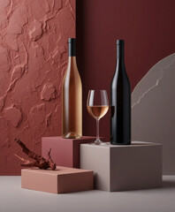 Ultra-realistic cinematic still life featuring golden wine, elegant bottles, minimalist blocks, and avant-garde artistic flourish