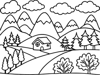 Simple Mountain Landscape with House and Trees Outline for Coloring Book or Educational Material