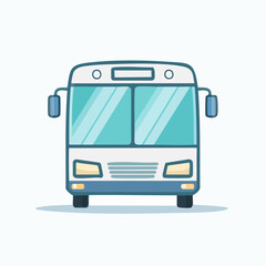 Front view of a light-blue and white bus.