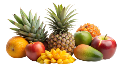 tropical fruits composition with mango and pineapple  on transparent background