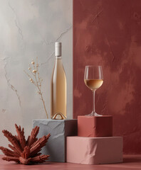 Ultra-realistic cinematic still life featuring golden wine, elegant bottles, minimalist blocks, and avant-garde artistic flourish