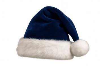 Festive blue santa hat with white fur trim and fluffy pom pom isolated on transparent background