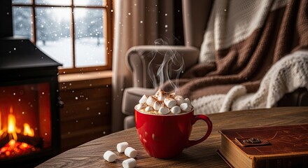 Cozy Winter Evening: Hot Chocolate by the Fireplace with Snowfall