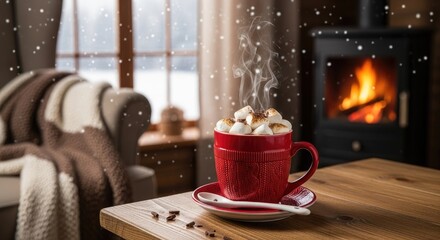 Cozy Winter Bliss: Steaming Hot Chocolate in a Red Knit Mug by a Roaring Fireplace