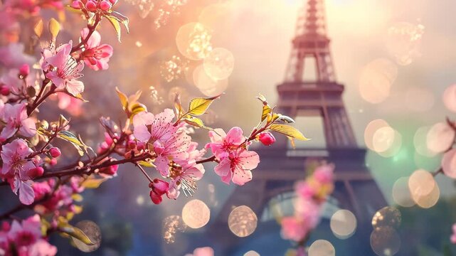 Eiffel Tower against the background of blooming flowers. Selective focus. Nature.