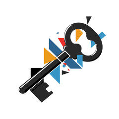 Stylized black vintage key with geometric shapes in blue, orange and red for security, creativity and abstract design