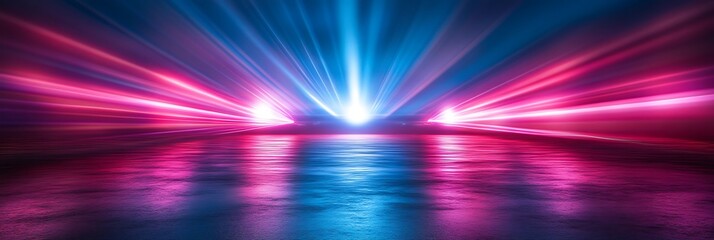Vibrant Neon Light Show: A dazzling display of neon lights in shades of blue and pink bursts across a dark, reflective surface. Experience an electric symphony of light and color.