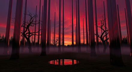 Crimson Twilight Forest of Abstract Pillars