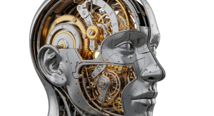 Futuristic AI concept showing a robotic human head with intricate golden gears, perfect for innovative tech projects and cutting-edge developments in robotics