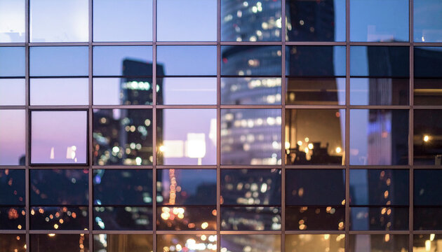 Glass window mosaic with city reflections at sunset — abstract urban background for branding, presentations and technology topics