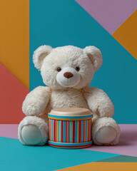 Soft teddy bear holding striped drum, perfect for celebrating Kwanzaa for children with joy and creativity
