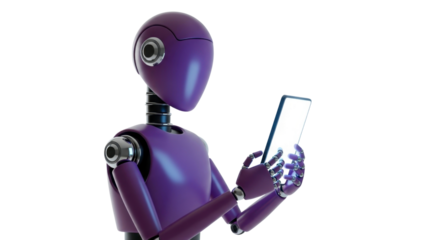 Futuristic purple robot engaging with a glowing tablet, exploring digital innovation and advanced technology concepts seamlessly