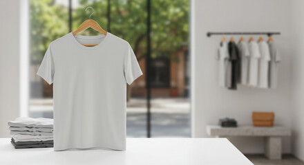 Blank 3D T-Shirt Mockup on Fashion Hanger with Urban Lifestyle Background