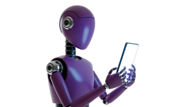 Futuristic purple robot engaging with a glowing tablet, exploring digital innovation and advanced technology concepts seamlessly