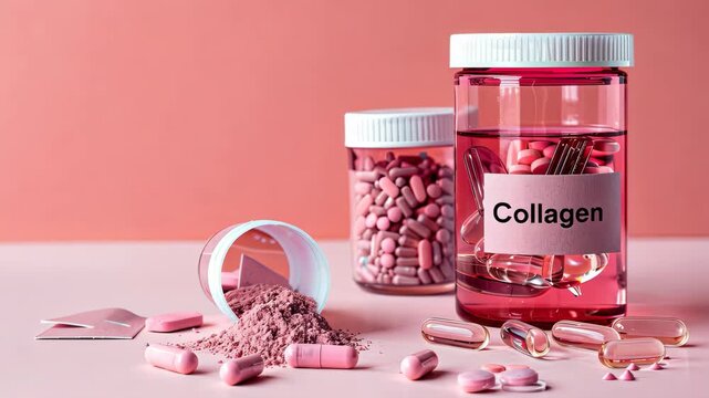 collagen powder and capsules on the table. Selective focus. white.