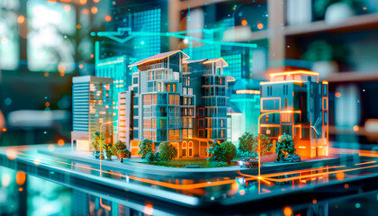 Futuristic city model with digital overlay and modern buildings