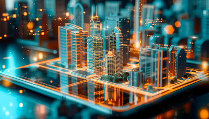 Futuristic illuminated smart city model with network graphics