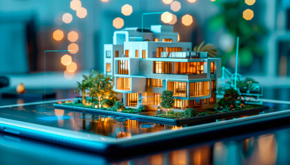 Modern luxury house with garden on tablet, night scene